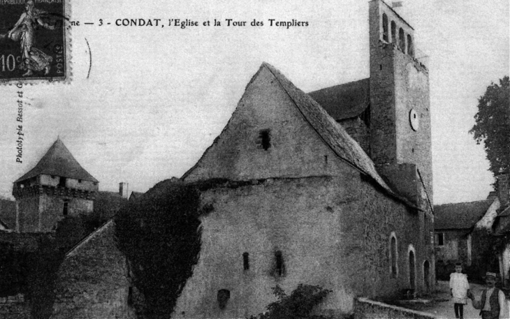 L'église et la Tour des Templiers, vers 1910 (carte postale ancienne). - Condat-sur-Vézère