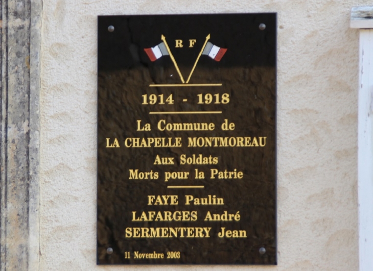 Monument-aux-Morts  ( Plaque ) - La Chapelle-Montmoreau