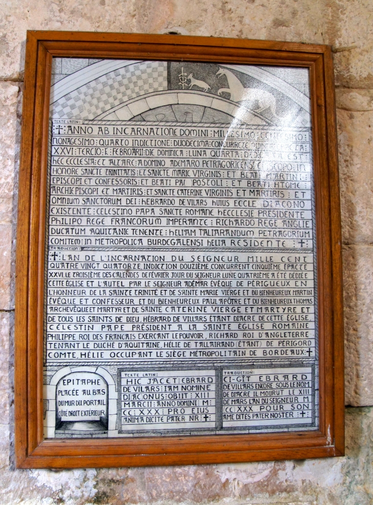 Traduction de la pierre de dédicade. Eglise Saint Martin. - Limeuil