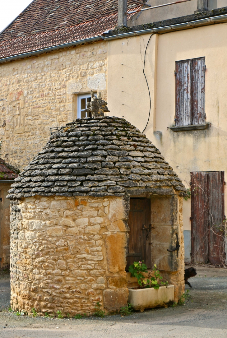 Le Puits de Grand Castang en Bergeracois, est assez large. Il est construit en pierre, surmonté d'une toiture en forme de coupole constituée de dallettes de calcaire sans mortier et de lauzes. Un gros épis dressé comme une pomme de pin surplombe le tout. - Mauzac-et-Grand-Castang