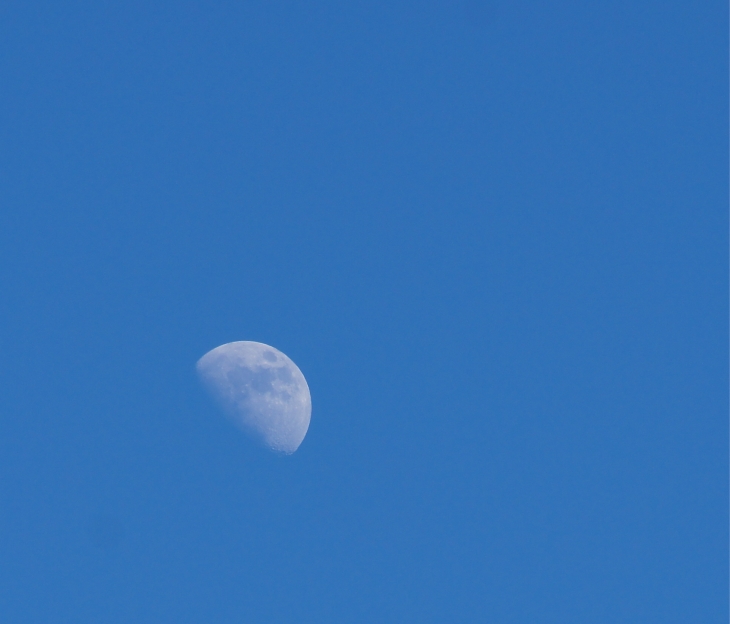 La lune en plein jour au dessus du clocher. Il est 16h20. - Rouffignac-Saint-Cernin-de-Reilhac