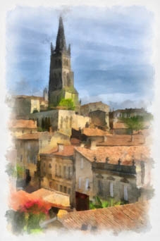 Saint Emilion, au centre du vignoble, la flêche de l'église  comme témoin de la tradition ancestrale, pour toujours - Saint-Émilion