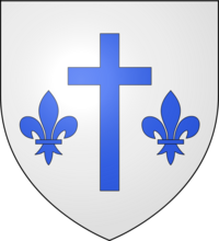 Le blason d'Ouville se décline ainsi : « D'argent à la croix latine d'azur accostée de deux fleurs de lys du même. »