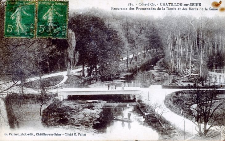 Panorama des promenades de la Douix et des bords de la Seine, vers 1917 (carte postale ancienne). - Châtillon-sur-Seine