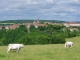 Vue générale de Flavigny.  Sur la droite, le grand bâtiment de la fabrique des anis de Flavigny. Ces petites dragées sont fabriquées uniquement avec du sucre, des arômes naturels et une graine d'anis en leur centre.