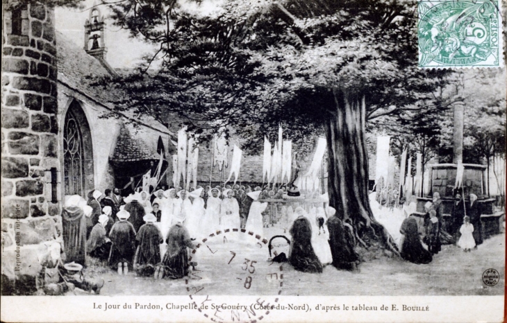 Le Jour du Pardon, Chapelle de Saint Gouéry, d'après le tableau de E. Bouillé, vers 1907 (carte postale ancienne). - Plougrescant