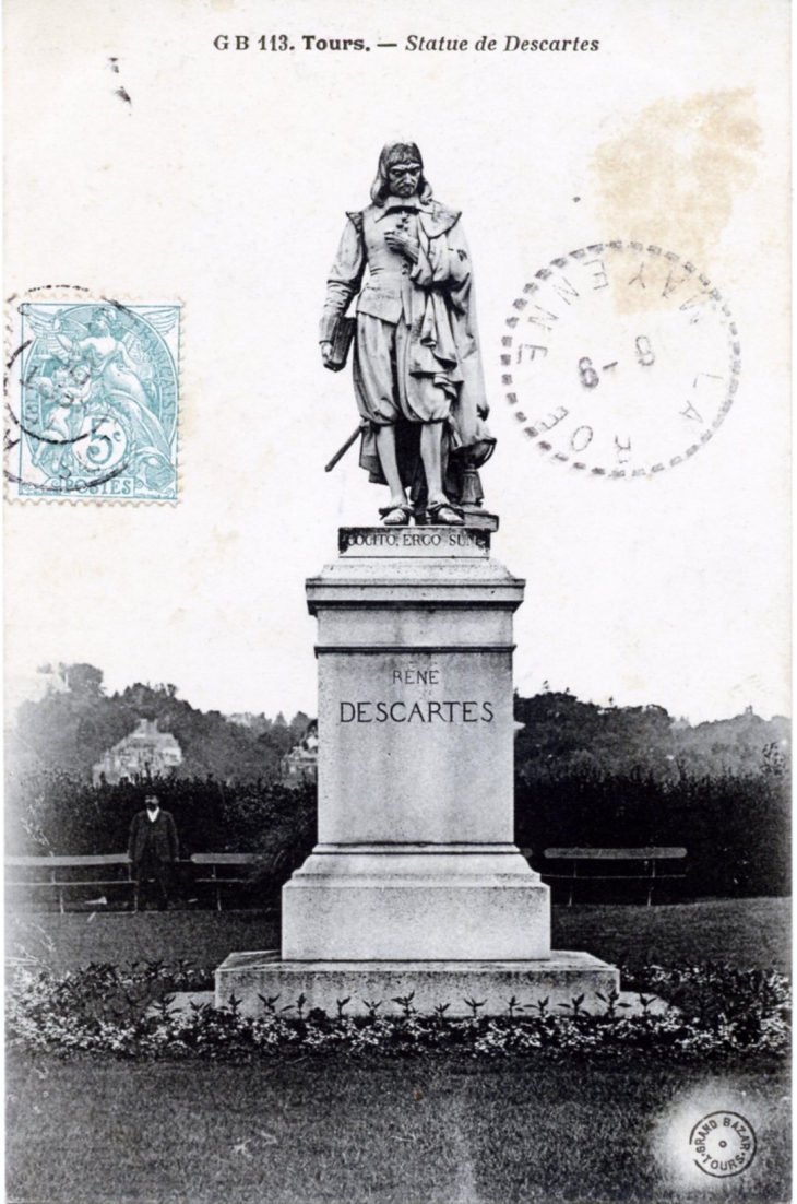 Statue de Descartes, vers 1906 (carte postale ancienne). - Tours