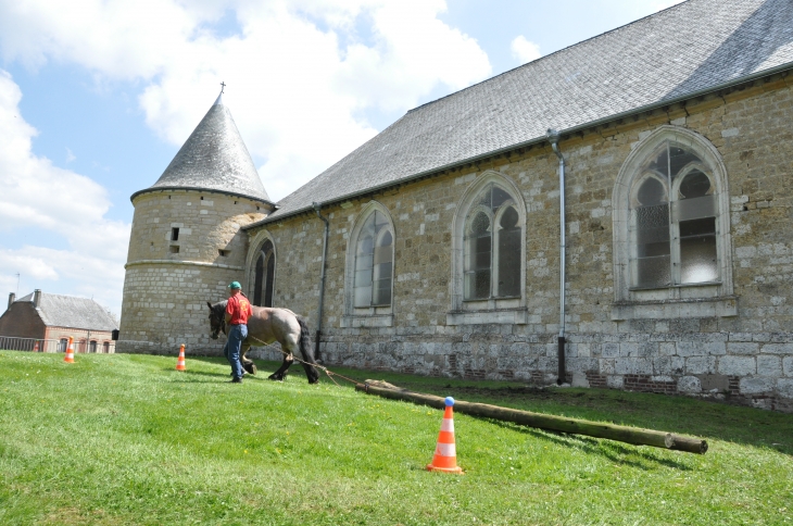 Démonstration de débardage le long de l'église fortifiée - Dommery