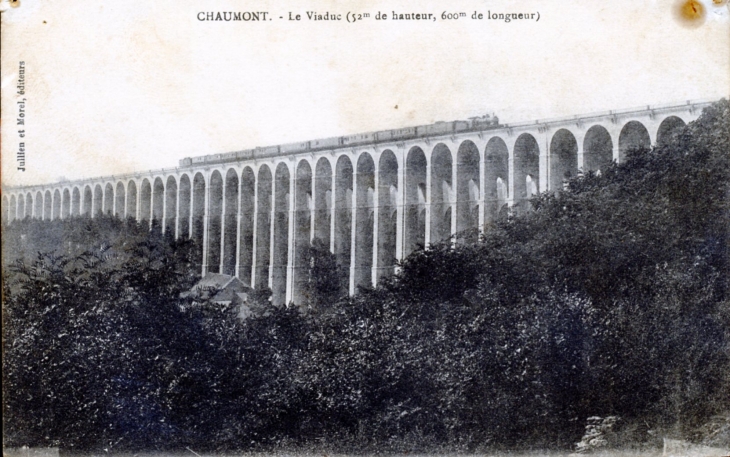 Le Viaduc, hauteur 53 mètres et la vallée de la Suize, vers 1919 (carte postale ancienne). - Chaumont