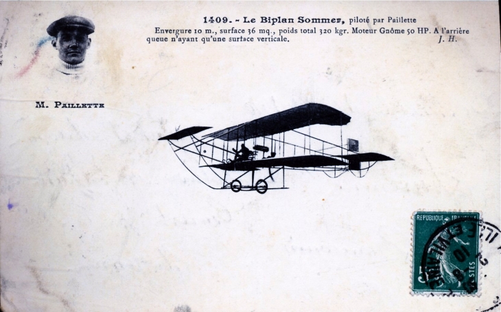 Le Biplan Sommer piloté par Paillette - Meeting d'aviation Rouen 19-26 juin 1910 (carte postale ancienne).