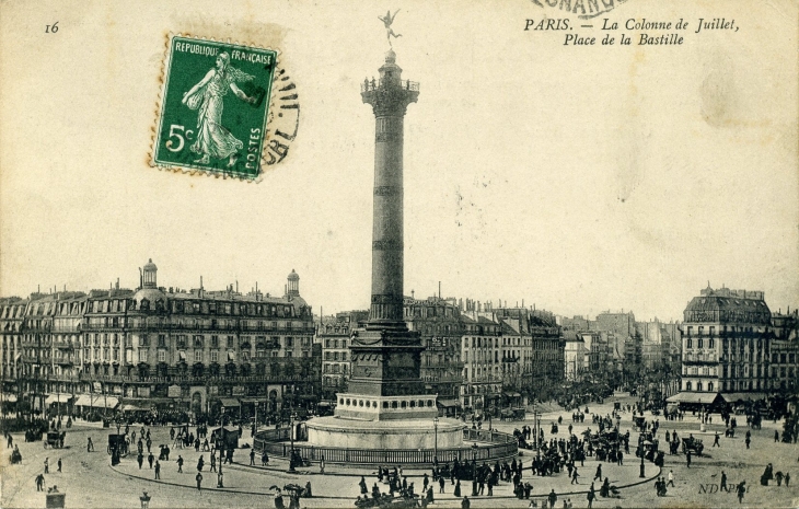 La Colonne de Juillet, Place de la Bastille (carte postale de 1905) - Paris 11e Arrondissement