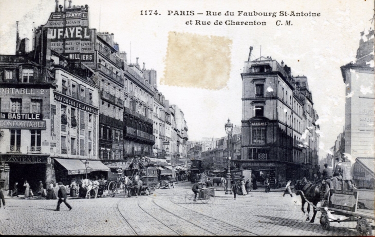 Rue du Fg Saint Antoine et Rue de Charenton, vers 1911 (carte postale ancienne). - Paris 11e Arrondissement