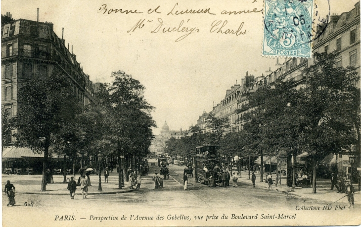 Perspective de l'Avenue des Gobelins, vue prise du Boulevard Saint-Marcel (carte postale de 1905) - Paris 13e Arrondissement