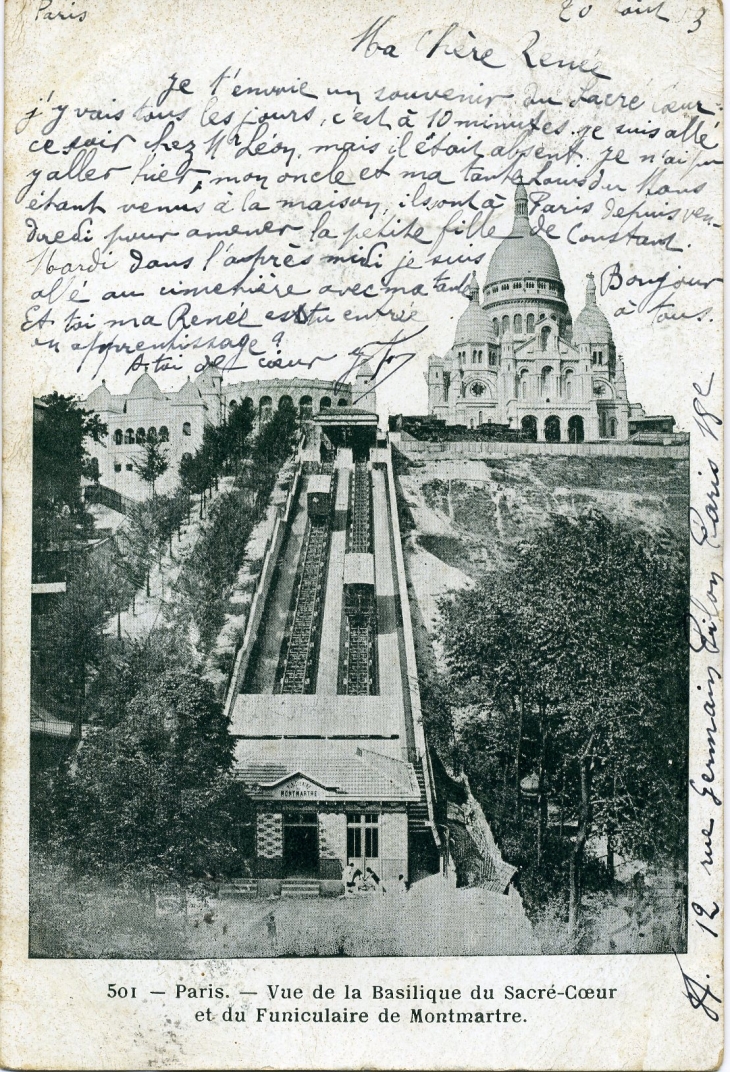 Vue de la Basilique du Sacré-Coeur et du Funiculaire de Montmartre (carte postale de 1903) - Paris 18e Arrondissement