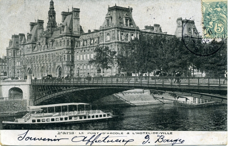 Le Pont d'Arcole & l'Hotel de Ville (carte postale de 1904) - Paris 1er Arrondissement