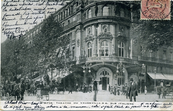 Théatre du Veaudeville et  Boulevard des Italiens (carte postale de 1905) - Paris 2e Arrondissement