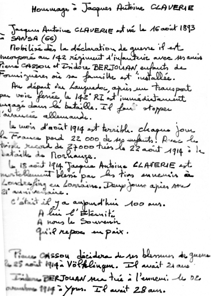 Hommage a jacques antoine CLAVERIE mort pour la france le 18 aout 1914 - Formiguères