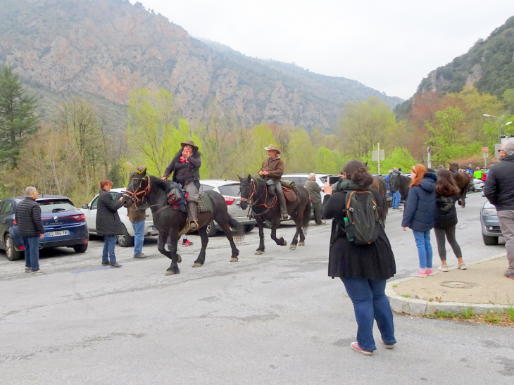 Arrivé des chevaux de race merens a villefranche lors de leur transhumance d'argeles au puymorens - Villefranche-de-Conflent