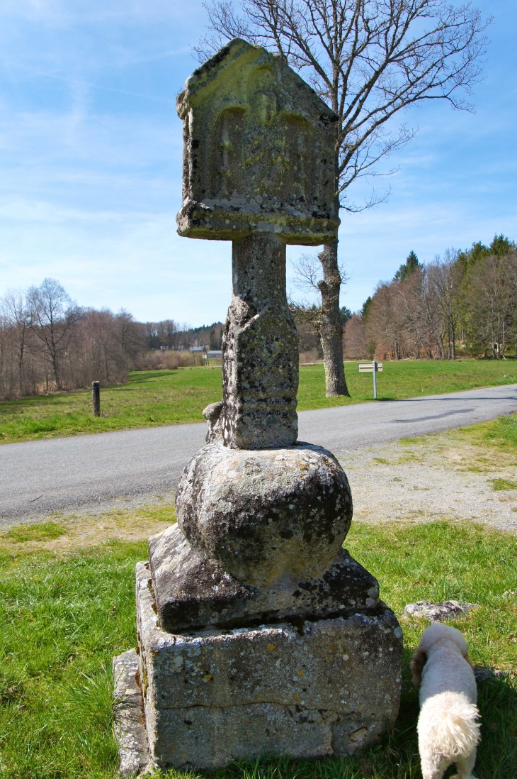 Croix du Bélier : une croix maltée est scultée en réserve sur le fût du côté de la Vierge : c'est le souvenir de l'influence des Templiers, fondateurs de la commanderie de Comps, rattachée à Féniers en 1308.. - Peyrelevade