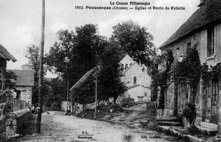 Eglise et route de Felletin, vers 1915 (carte postale ancienne). - Poussanges