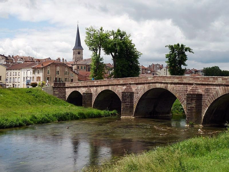 La ville et le  pont vus de l'autre rive du Madon - Mirecourt