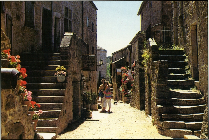 La rue droite aux escaliers de pierre fleuries (carte postale de 1990) - La Couvertoirade