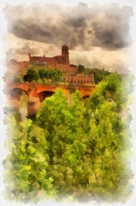 Aibi, la cathédrale de rouge nous offre une silhouette altière sur les bords du Tarn. créArtiss. - Albi