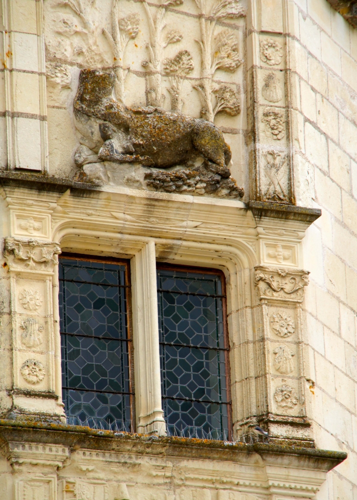 Détail : les sculptures des fenêtres de la tour renaissance duchâteau. - Montsoreau