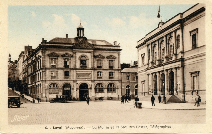 La Mairie et l'Hôtel des Postes, Télégraphes (carte postale de 1920) - Laval