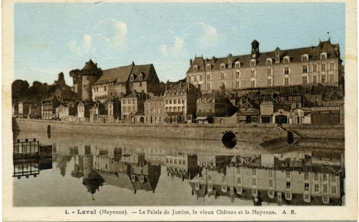 Le Palais de Justice, le Vieux Château et la Mayenne (carte postale de 1935) - Laval