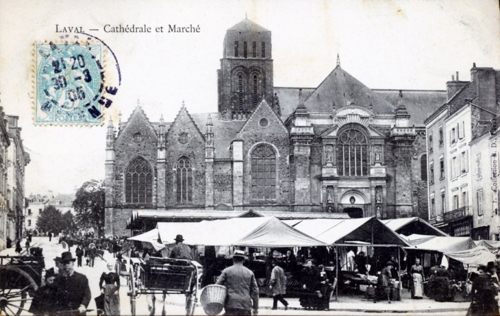 Cathédrale et Marché, vers 1905 (carte postale ancienne). - Laval