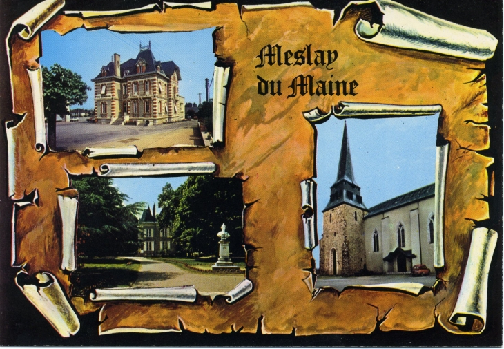 La Poste, l'Hotel de Ville, l'église (carte postale de 1970) - Meslay-du-Maine