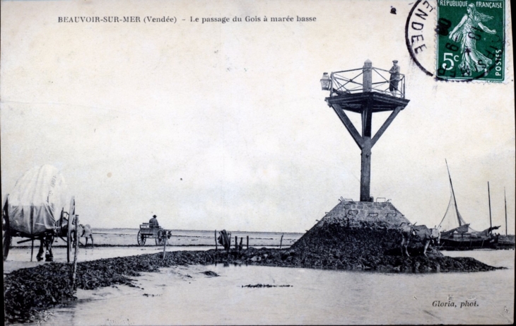 Le passage du Gois à marée basse, vers 1908 (carte postale ancienne). - Beauvoir-sur-Mer