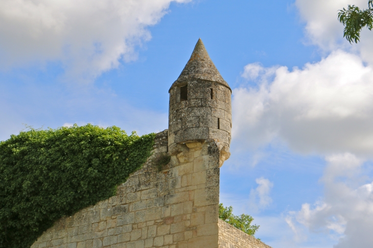 Face au marais, un élément fortifié en forme de proue de navire, surmontée d'une échauguette, est accolé à la gauche de l'entrée de l'abbaye/dirigé vers le sud, il servait de cadran solaire. - Maillezais