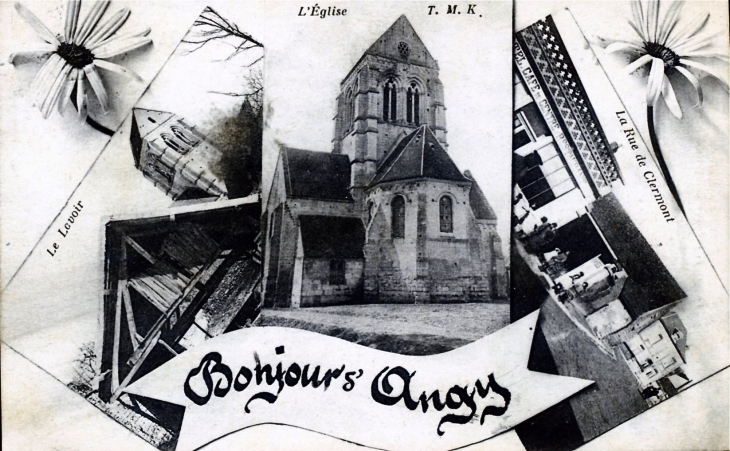 Bonjour d'Angy - L'église, vers 1918 (carte postale ancienne).