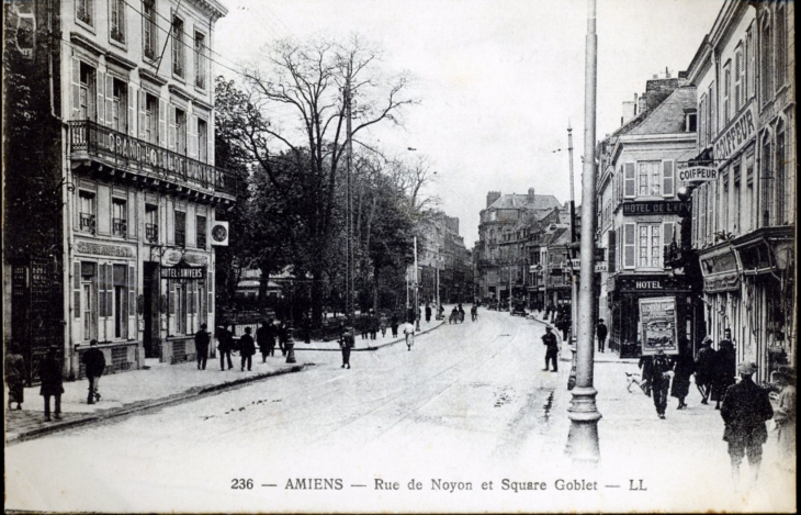 Rue de Noyon et square Goblet, vers 1930 (carte postale ancienne). - Amiens