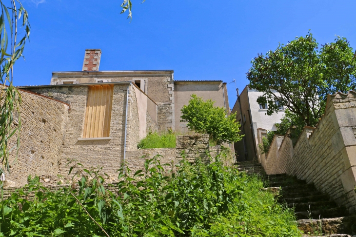 Au nord, le quartier de la Garenne est remarquable pour ses fermes à double accès qui s'étirent le long du bief Minet. - Arçais