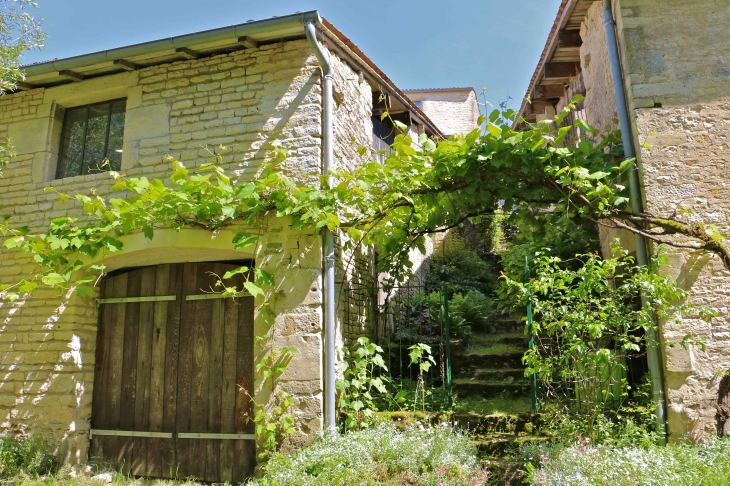 Au nord, le quartier de la Garenne est remarquable pour ses fermes à double accès qui s'étirent le long du bief Minet. - Arçais